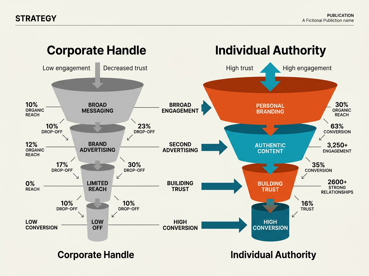 A comparison chart showing how individual authority funnels drive significantly more engagement and trust than corporate brand funnels.