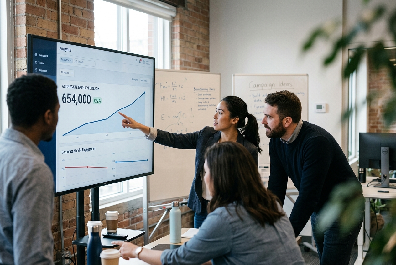 A marketing team analyzing a dashboard that shows the combined social reach of their employees outperforming the brand account.
