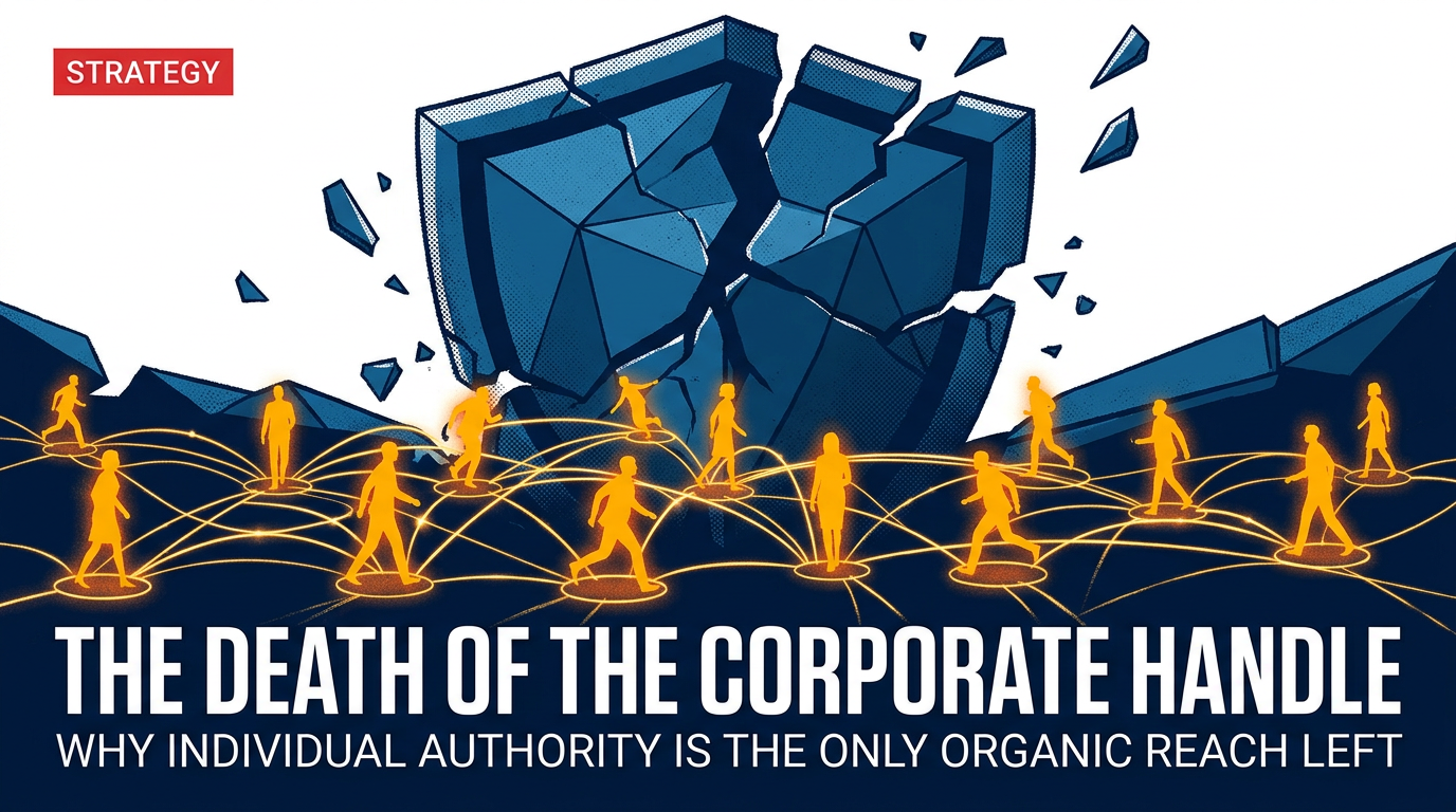 An editorial illustration showing a crumbling corporate shield being replaced by glowing human figures, symbolizing the shift from brand to personal authority.