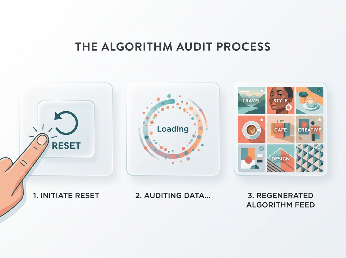 A diagram showing the step-by-step process of resetting the Instagram algorithm for a clean audit.
