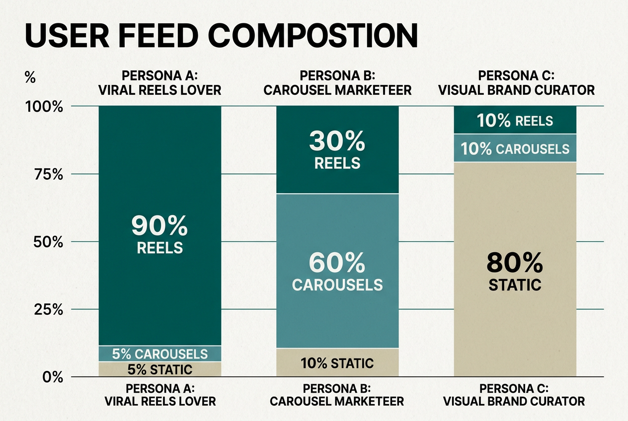 A chart showing how different content formats like Reels and Carousels appear in different user feeds.