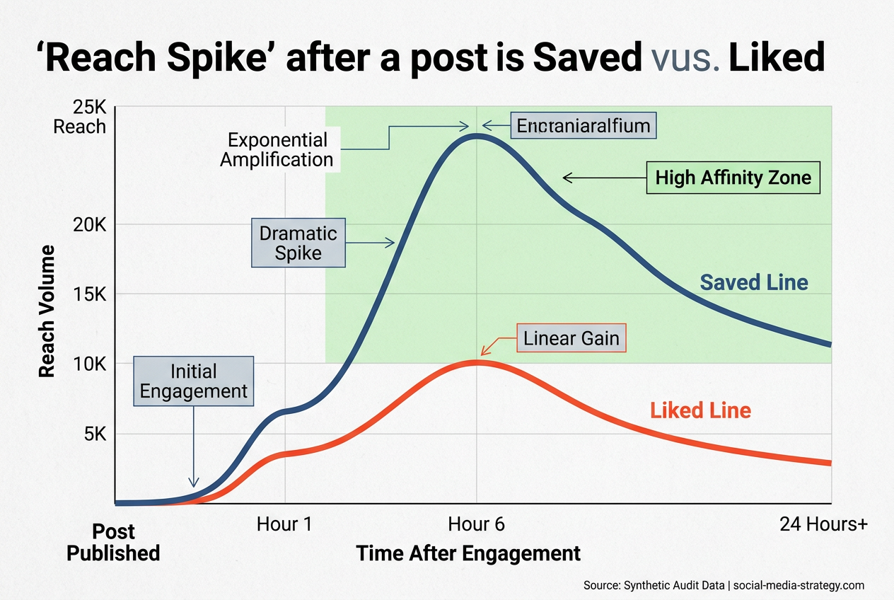 A line graph demonstrating the superior power of the 'Save' signal in the Instagram algorithm.