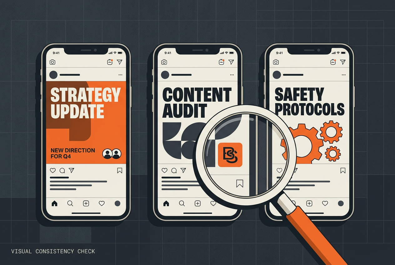 An illustration showing consistent brand identity across multiple social media posts to survive an algorithm reset.