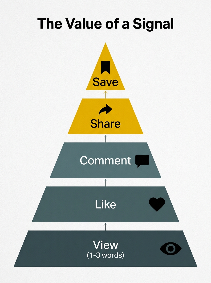 A pyramid chart showing the hierarchy of Instagram engagement signals, with saves and shares at the top.