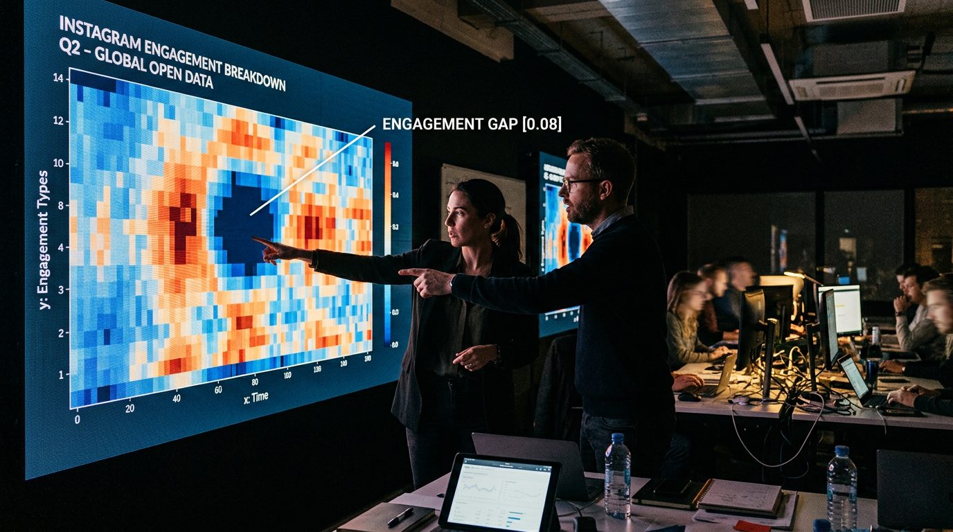 Marketing strategists analyzing social media data on a large heat map screen.