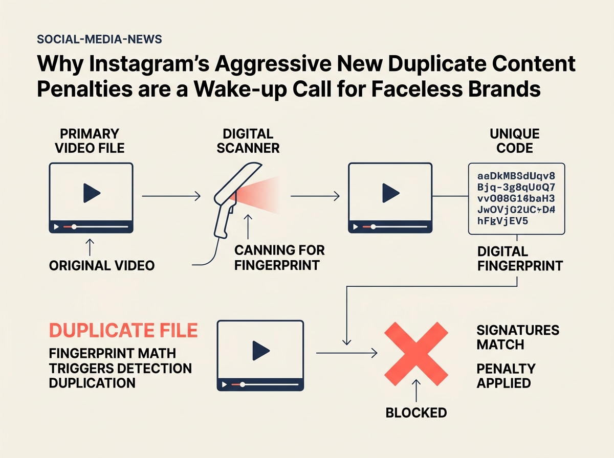 A diagram showing how Instagram's algorithm identifies and blocks duplicate content using digital signatures.