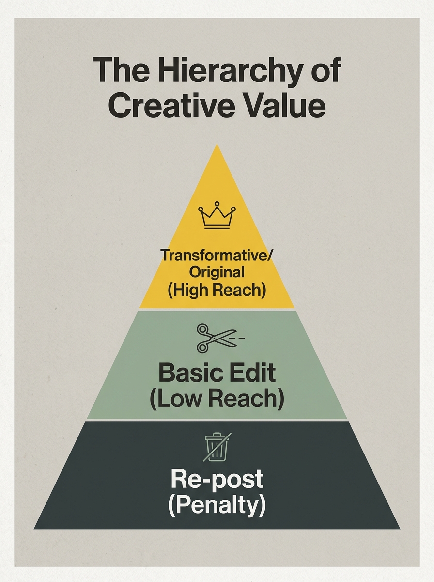 A pyramid showing the different levels of content originality and how they affect reach on Instagram.