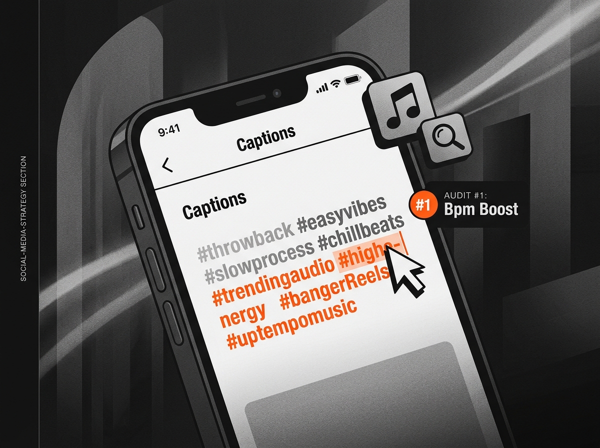 Illustration of a user updating hashtags and captions on an Instagram post.
