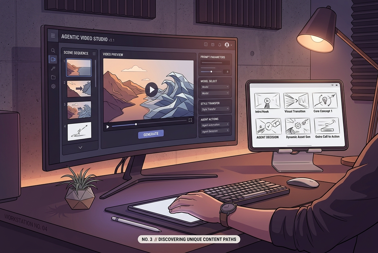 An illustration of a digital workspace using AI tools to generate original video assets for social media.