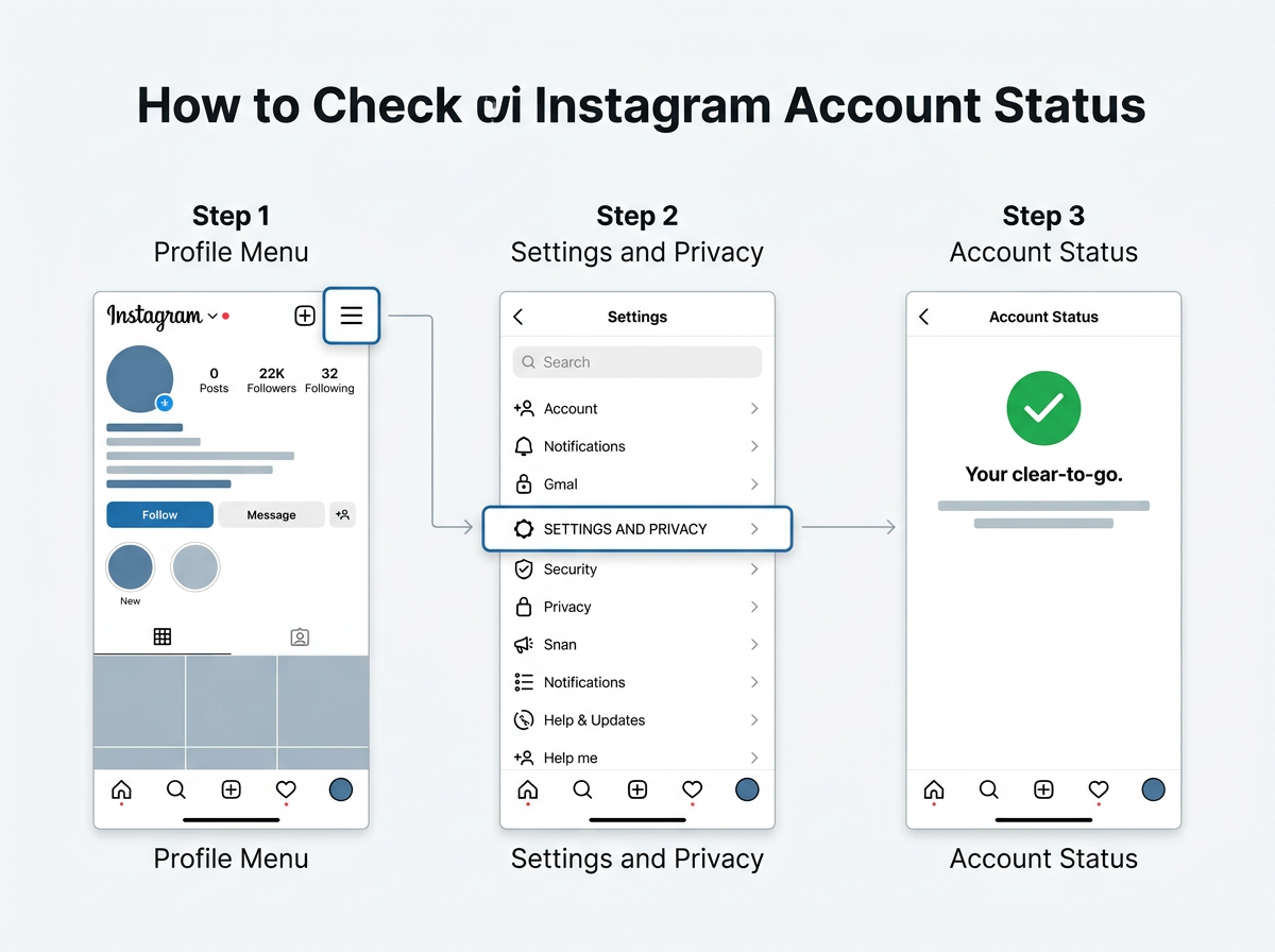 A diagram showing how to navigate the Instagram app to find the Account Status and Recommendation eligibility section.