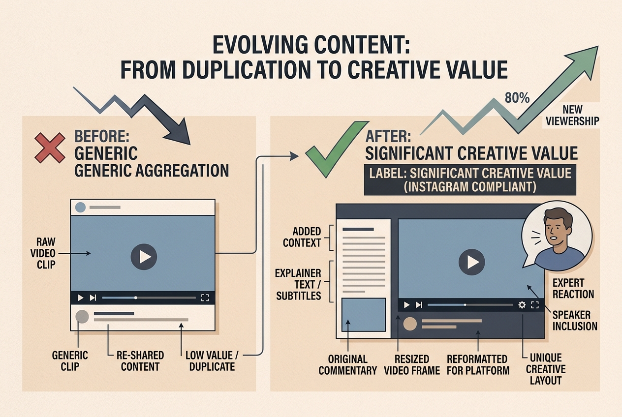 Infographic showing how to transform a reposted video into original content using overlays and commentary.
