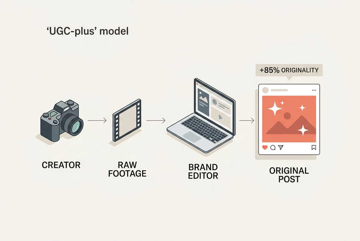 A flow chart illustrating the process of sourcing raw user-generated content and editing it into a brand-original asset.