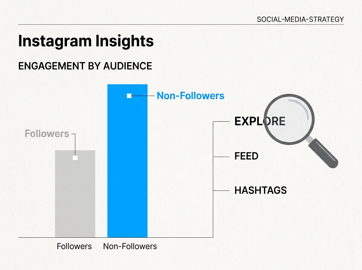 A visualization of Instagram analytics showing a high percentage of reach coming from non-followers, indicating healthy algorithm recommendations.