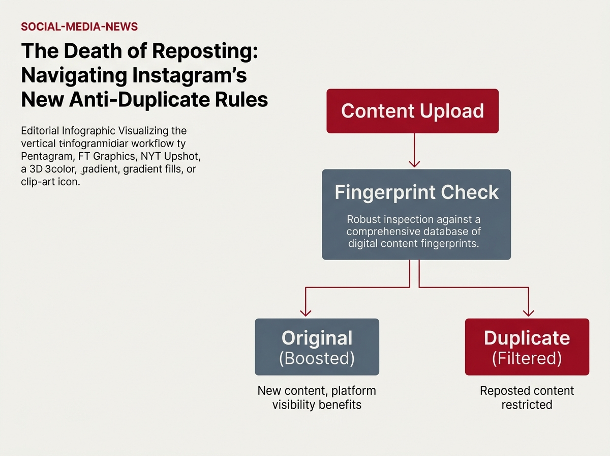 A diagram illustrating the technical process of Instagram's duplicate content filtering system.