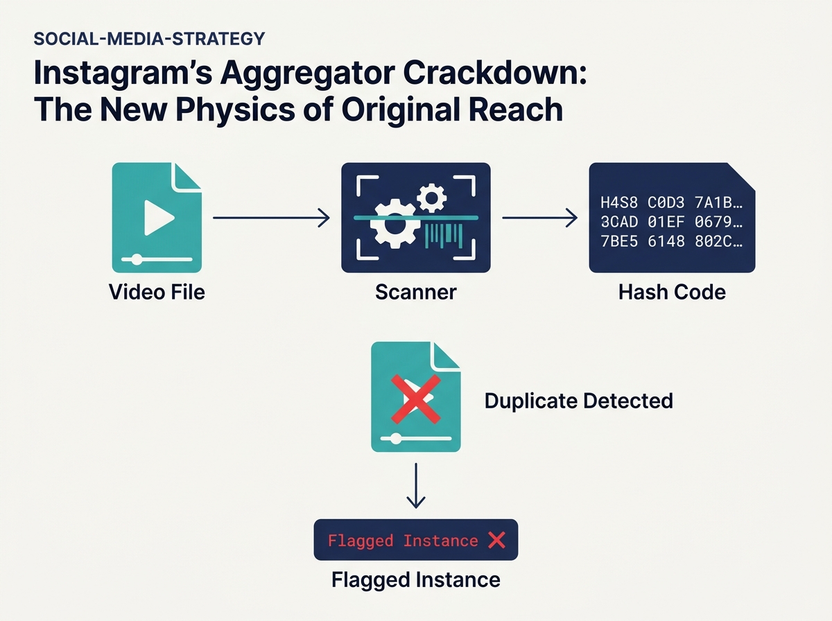 A diagram explaining how Instagram hashes video files to identify original creators and detect duplicates.