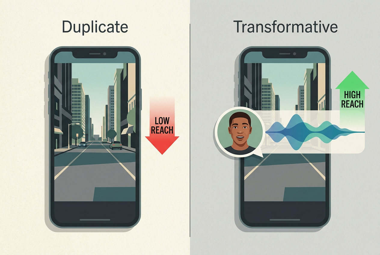A visual comparison between a simple duplicate post and a transformative post that includes reaction and voiceover elements.