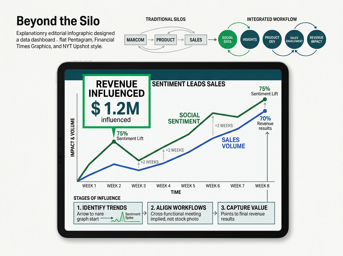 A business intelligence dashboard showing the correlation between social media sentiment and sales performance.