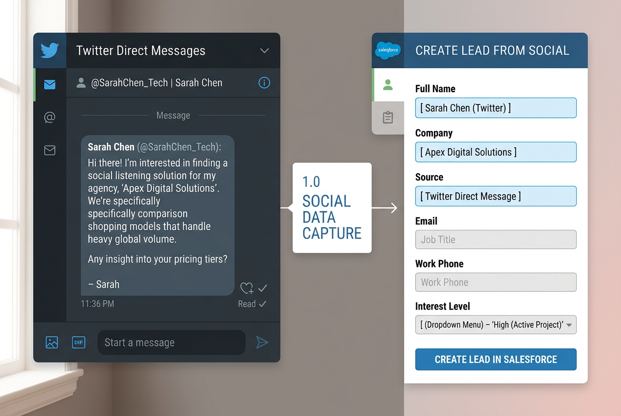 Mockup of a social media tool integrated with Salesforce to create new leads directly from messages.
