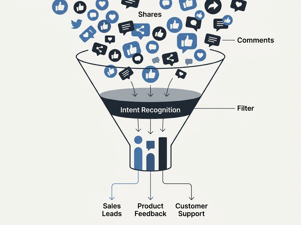 A funnel diagram showing how raw social media data is filtered into actionable business categories.