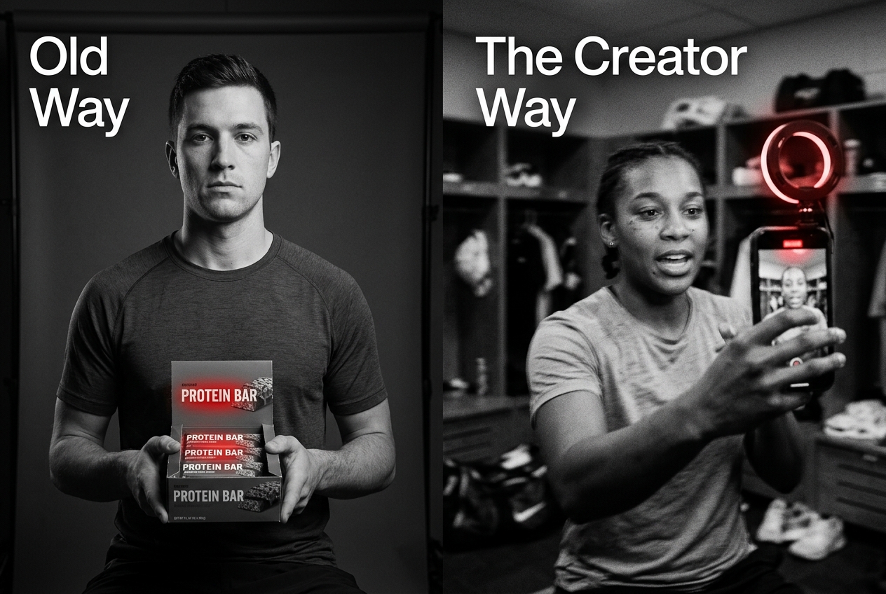 Split screen comparing traditional athlete endorsements with modern, social-first creator content.
