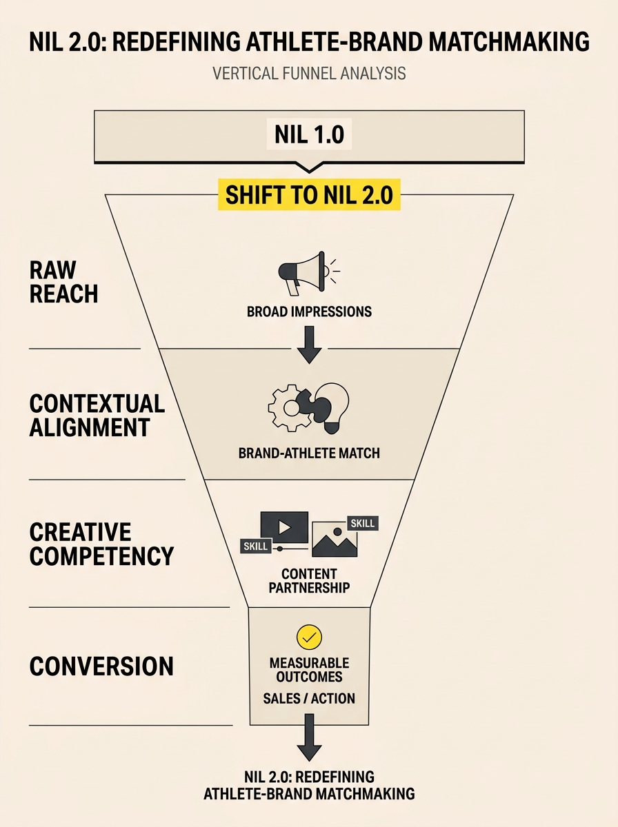 A funnel diagram explaining the transition from reach-based NIL marketing to competency-based athlete creator marketing.