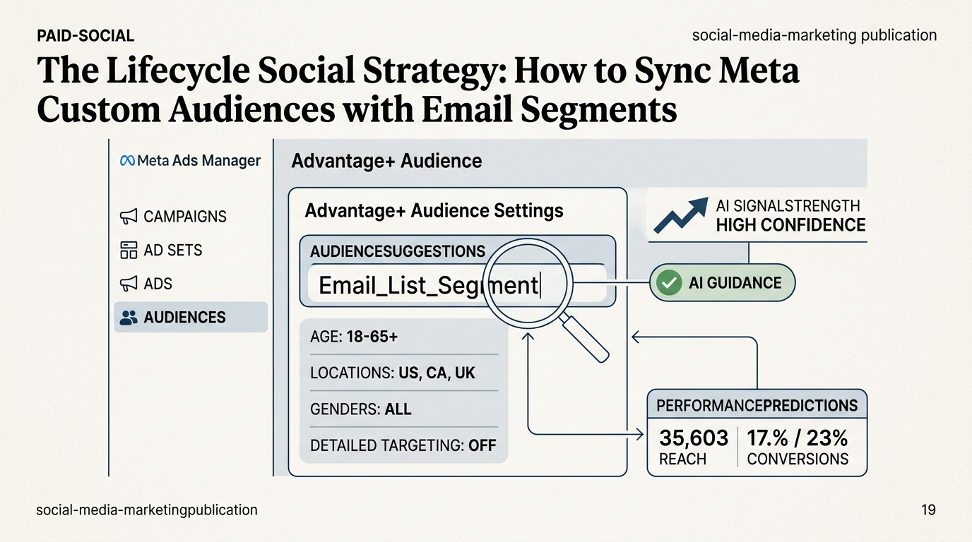 A technical diagram showing how to input custom audiences as suggestions within Meta's Advantage+ Audience settings.