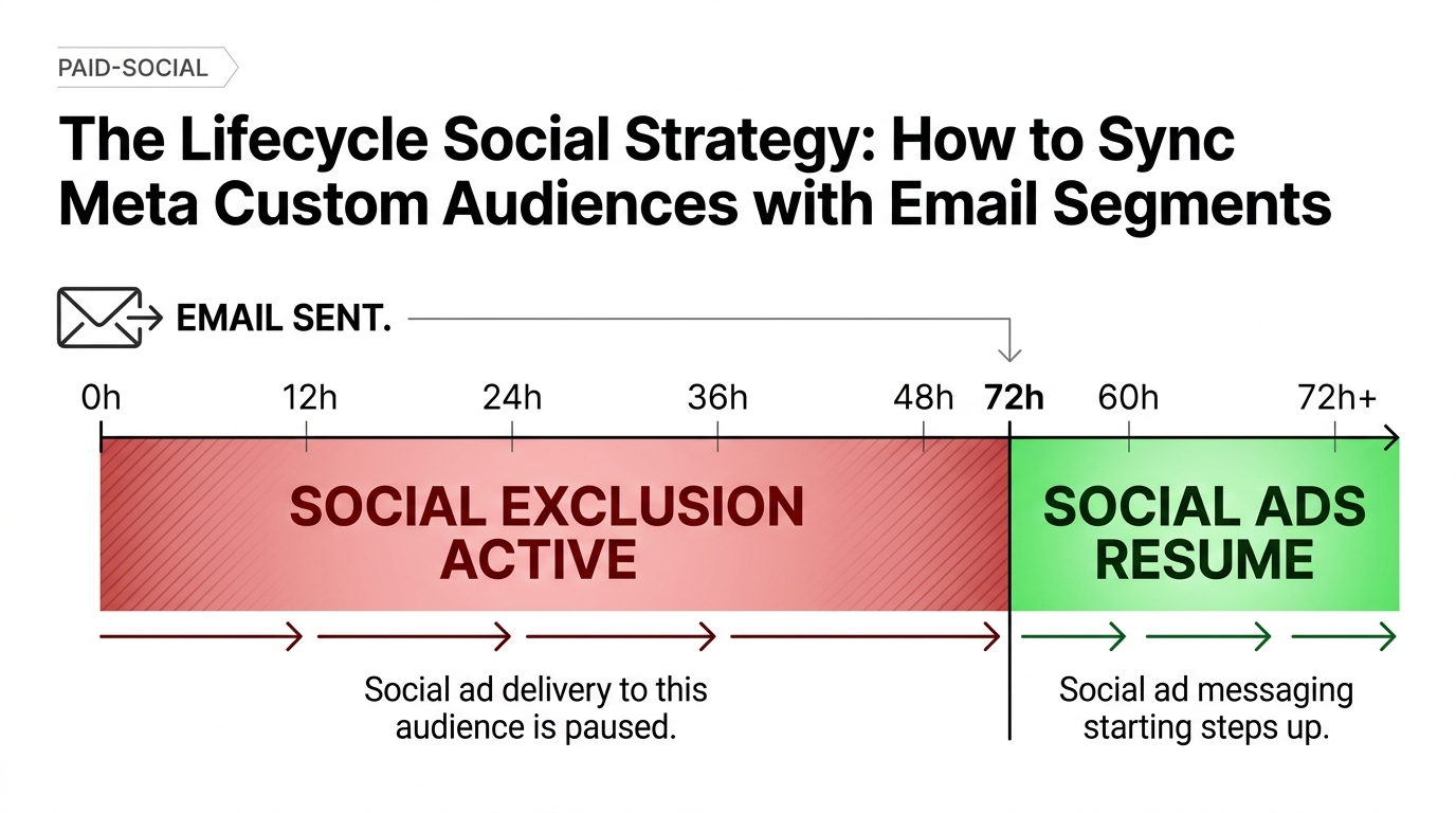 A timeline diagram explaining the 72-hour exclusion window for social media ads following an email send.