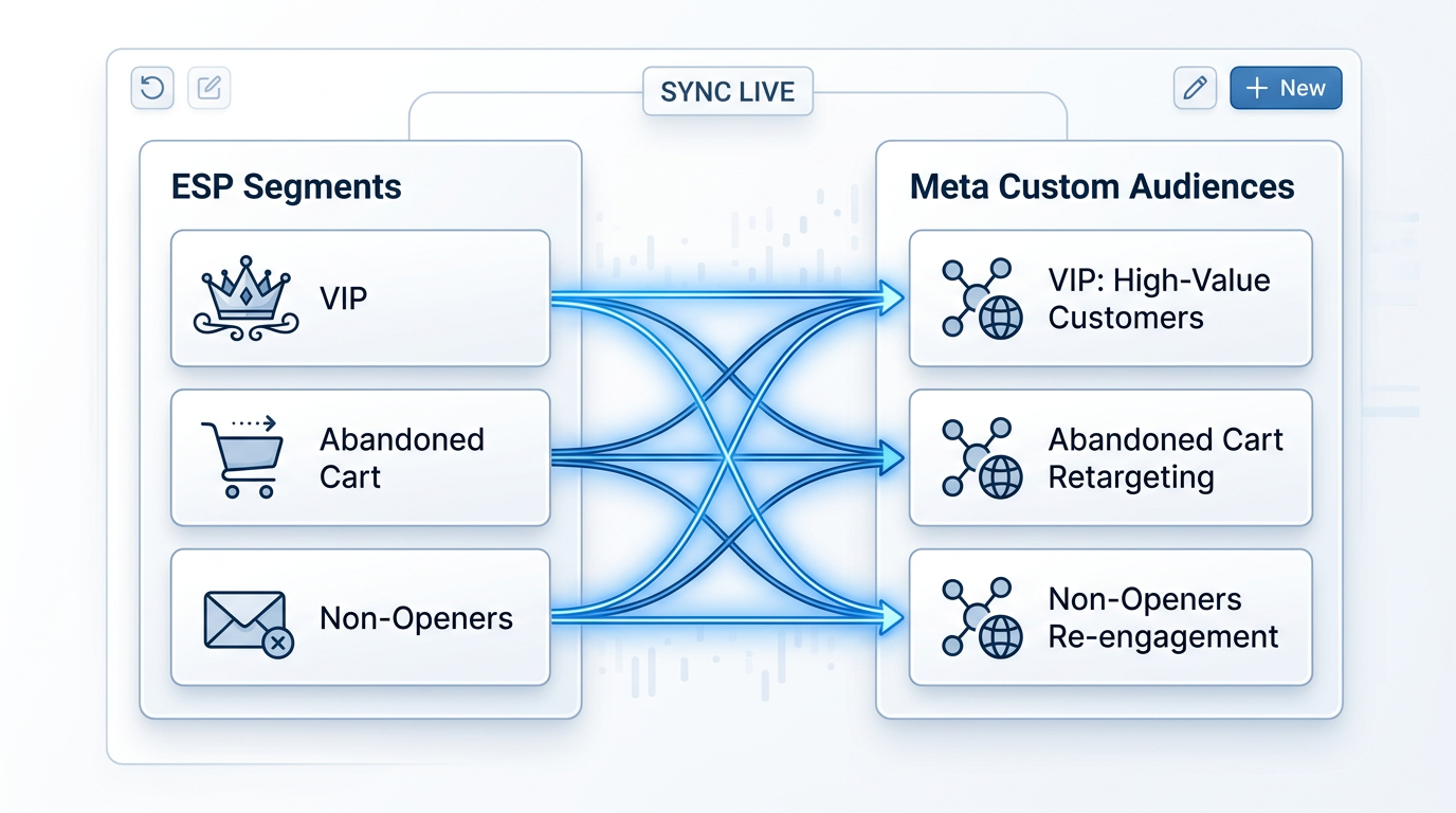 A UI visualization of mapping email segments to Meta custom audiences in a marketing platform.