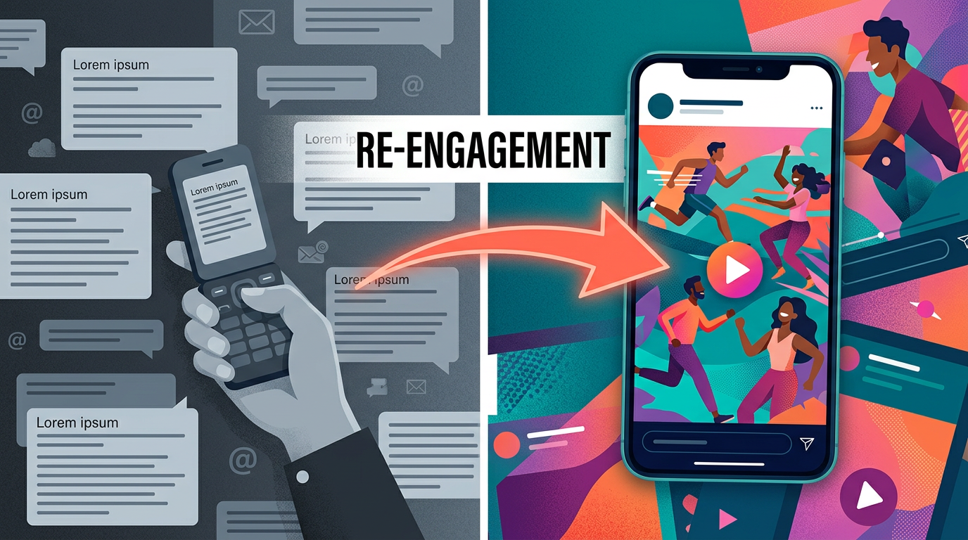 A comparison showing how a dormant email subscriber can be re-engaged through vibrant social media video ads.