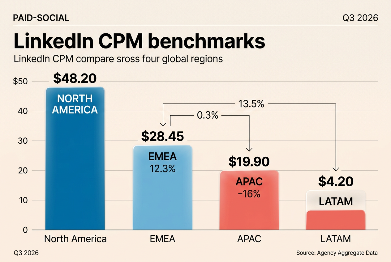 Bar chart showing LinkedIn CPM benchmarks by global region for Q3 2026.
