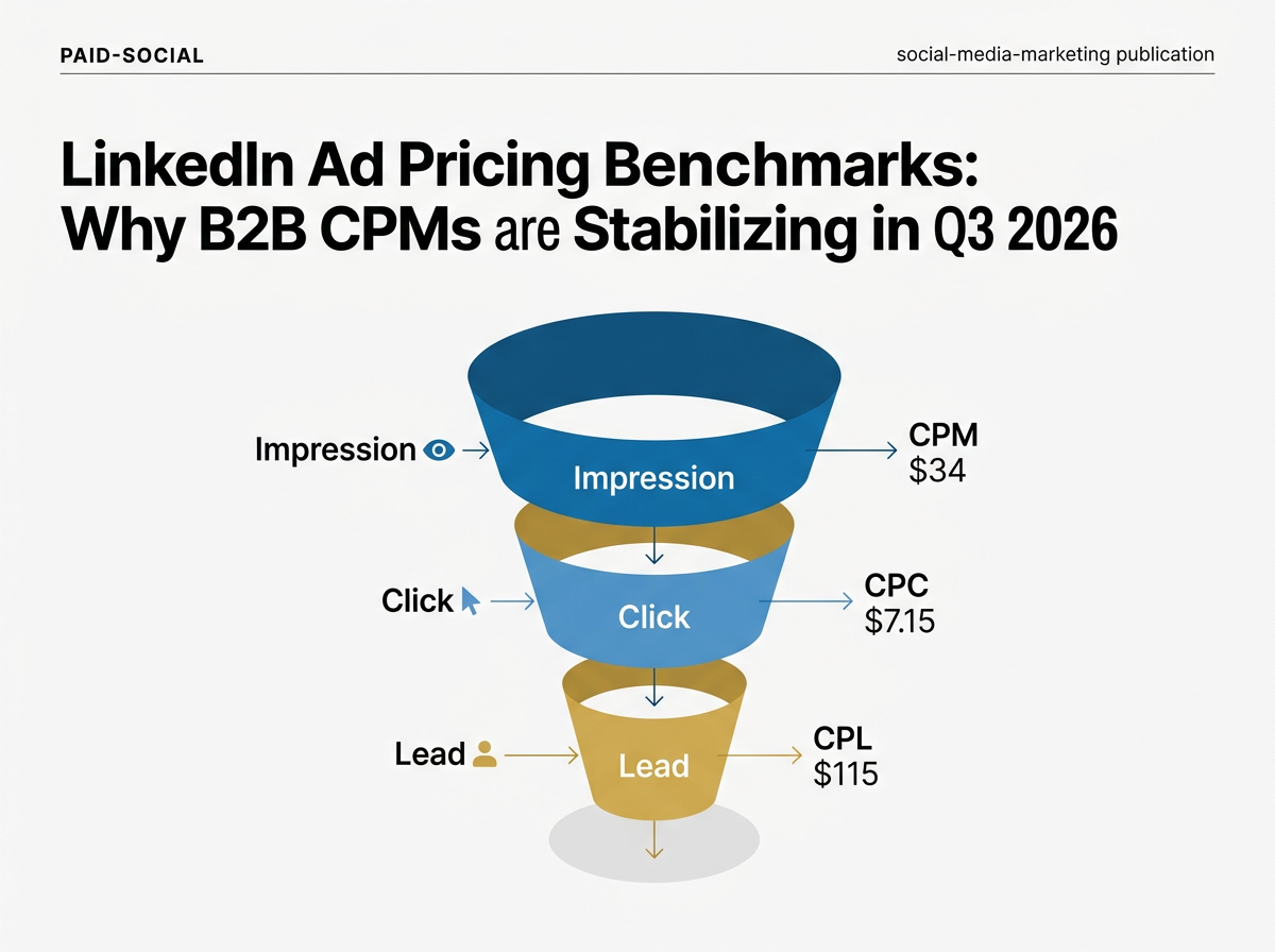 A vertical funnel diagram illustrating the cost and conversion benchmarks for LinkedIn B2B lead generation.