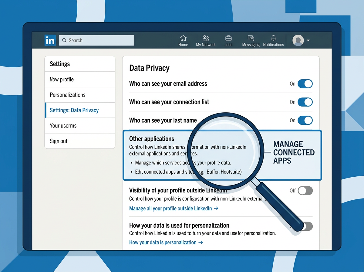 A mockup of the LinkedIn settings menu highlighting the data privacy and app connection sections.