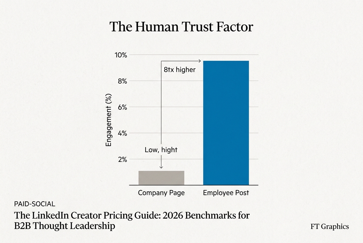 A bar chart demonstrating that employee posts receive significantly higher engagement than company page posts.