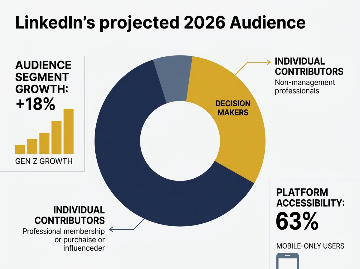 Infographic of LinkedIn 2026 demographics showing high percentages of decision-makers and mobile-only users.