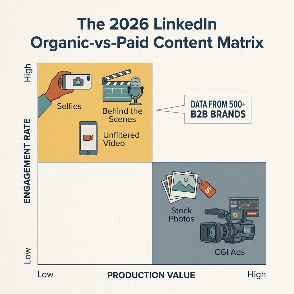 A matrix showing that low-production, high-authenticity content performs best on LinkedIn in 2026.