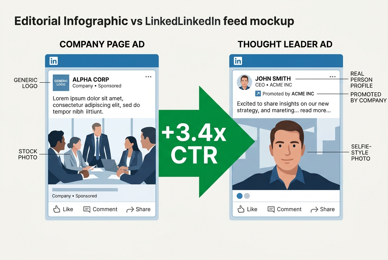 Comparison of a standard LinkedIn sponsored post versus a Thought Leader Ad, showing the performance lift.