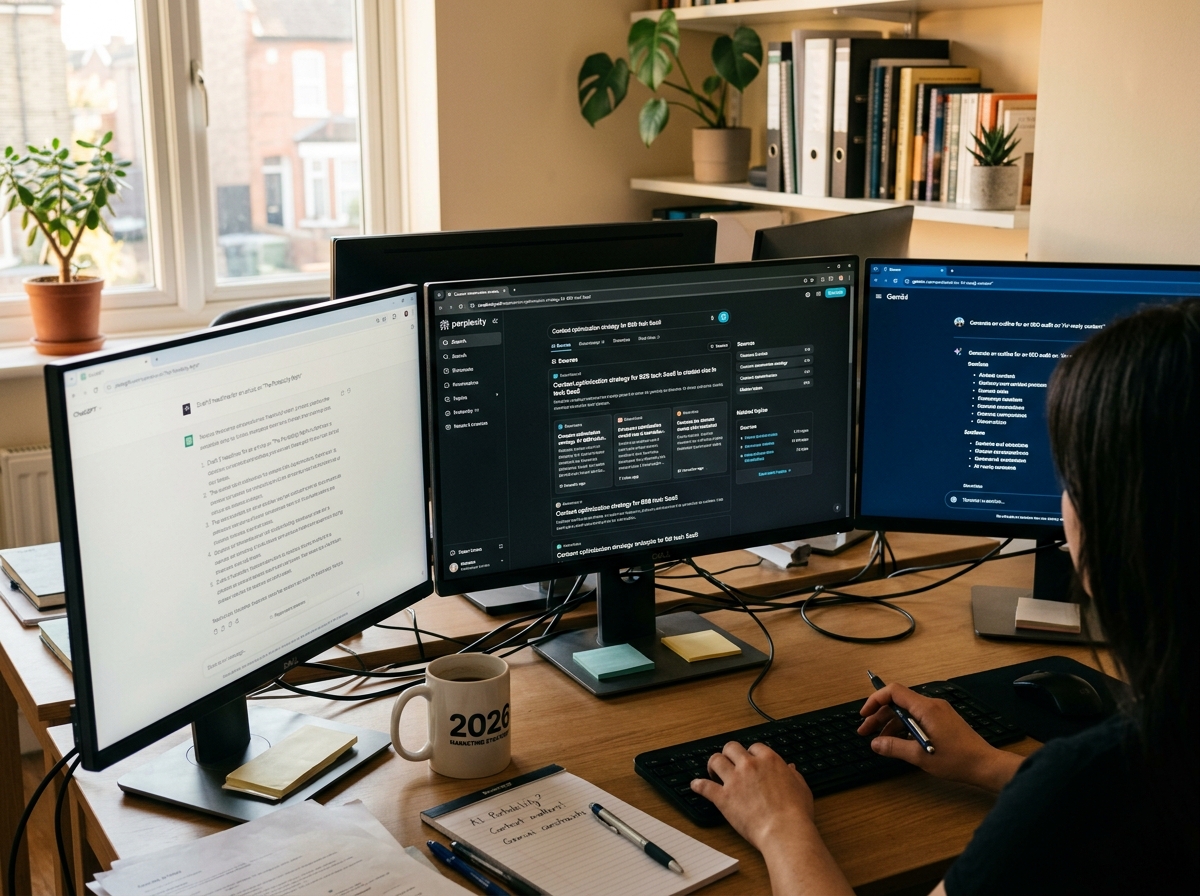 A photo of a professional workspace with multiple screens analyzing different AI search results.