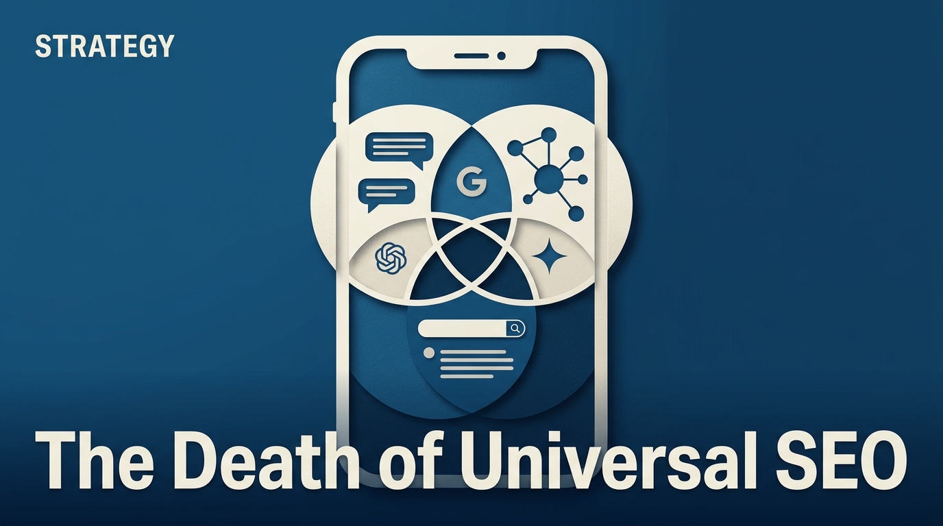 An editorial illustration showing the fragmentation of AI search engines into three distinct platforms.