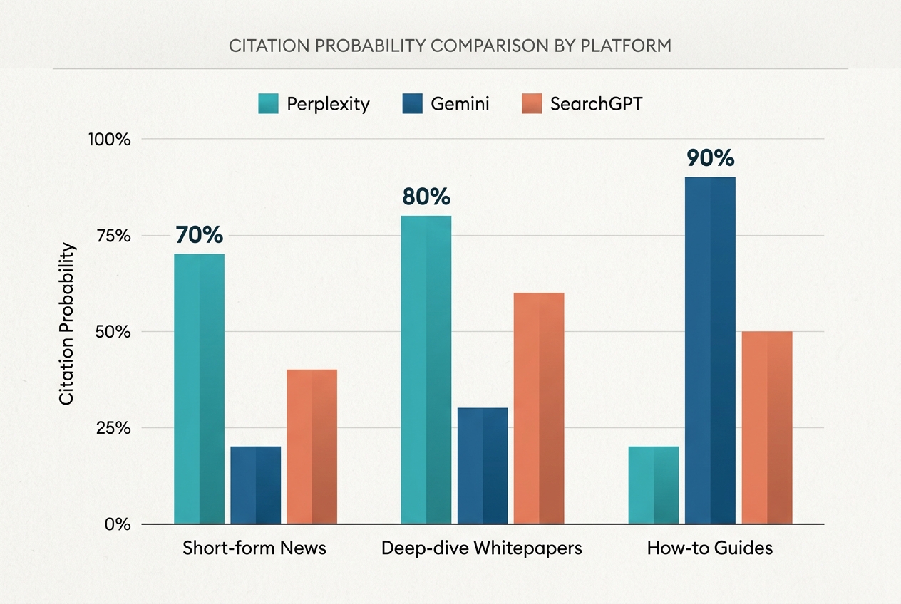 A chart showing that different types of content perform better on different AI search engines.