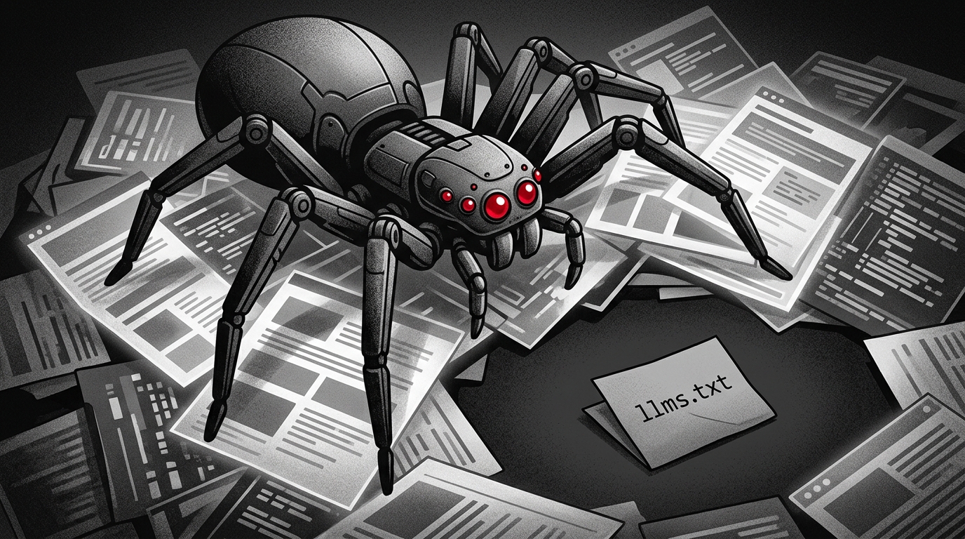 Illustration of an AI crawler ignoring a summary file in favor of raw data.