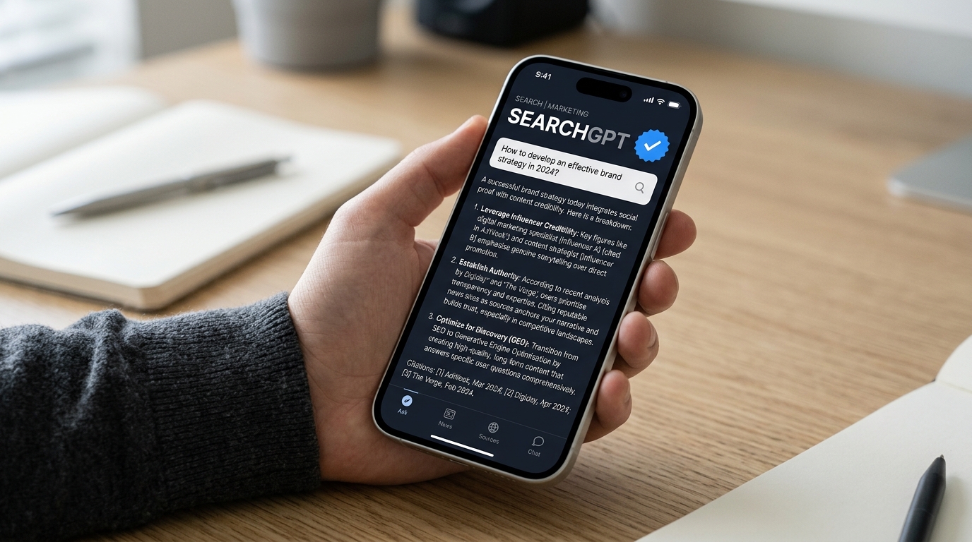 A mockup of a future AI search interface showing citations and brand verification.
