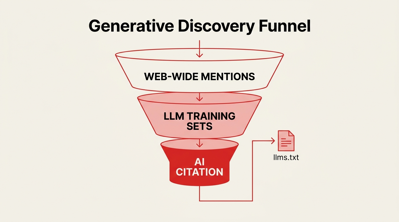 An infographic comparing the impact of site-wide mentions versus a single llms.txt file in the AI discovery process.