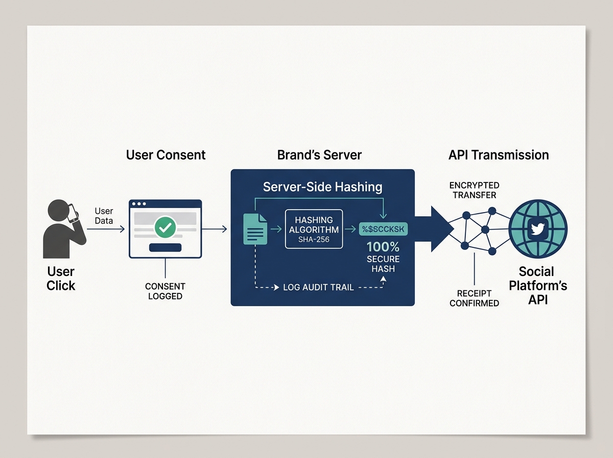 A flow chart illustrating the secure transmission of attribution data through a Conversions API.