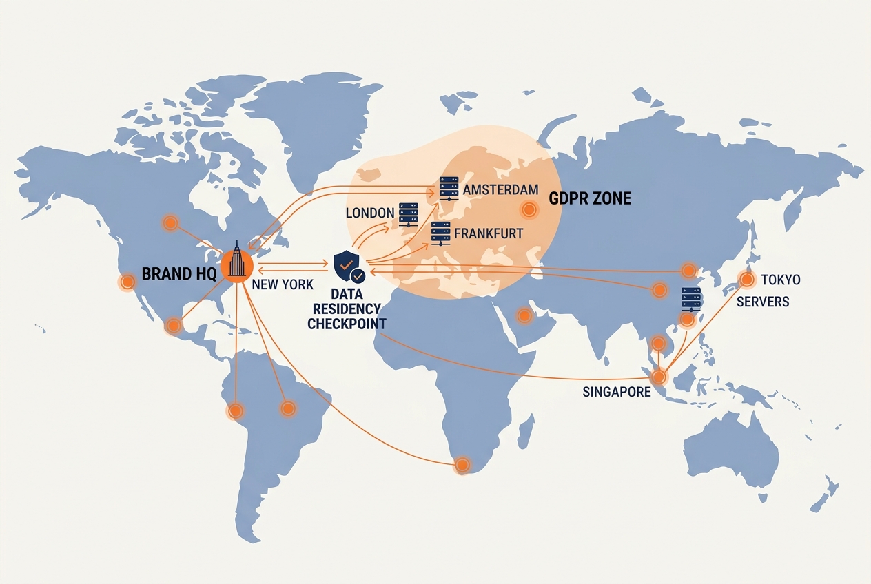 An infographic showing how social media data moves across international borders and the associated privacy zones.