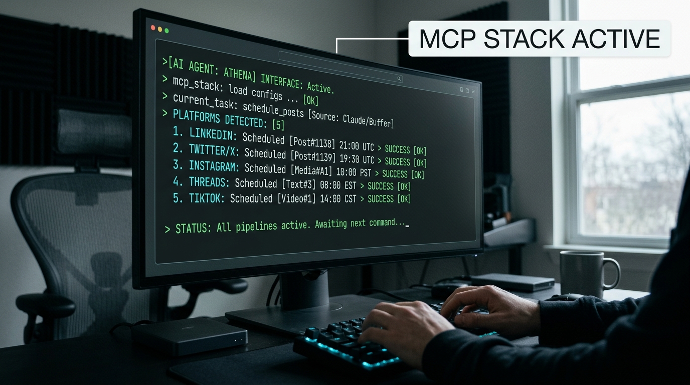 A futuristic UI design showing how AI agents might manage multiple social platforms through a single text interface.