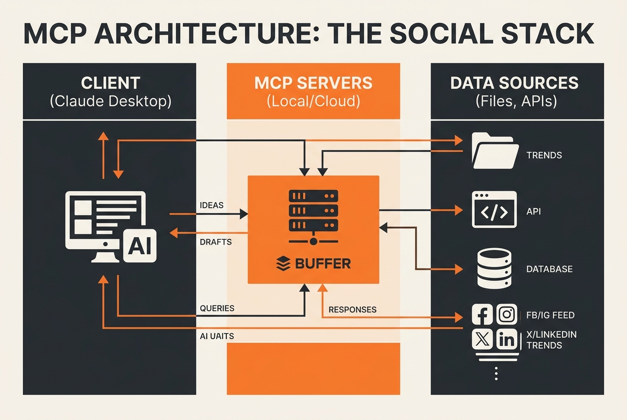 A diagram explaining the relationship between the AI client, the MCP server, and the end data sources.