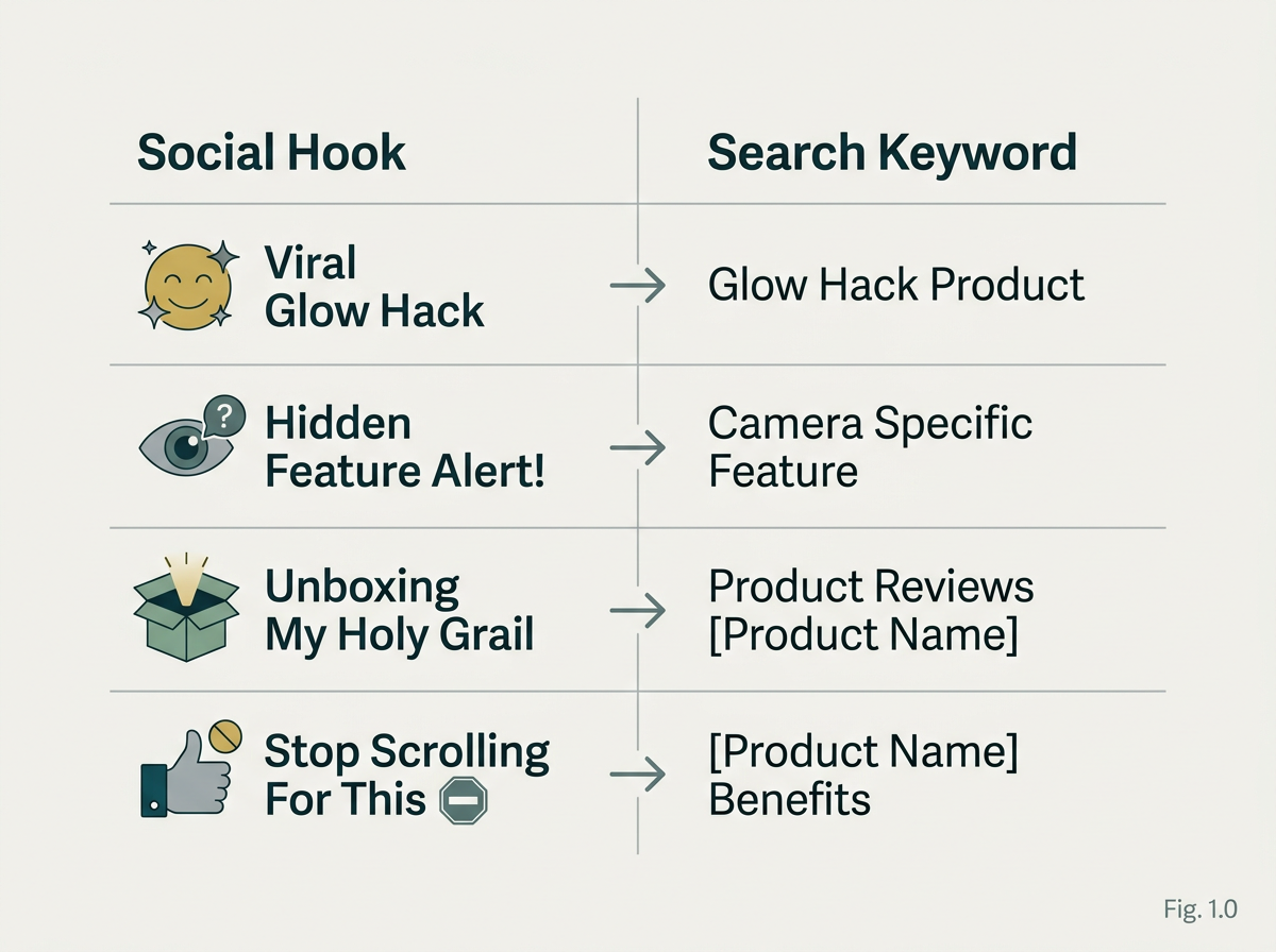 A table showing how to align social media ad creative hooks with search engine marketing keywords.