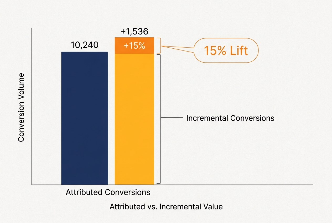 A bar chart visualizing the difference between standard attributed conversions and incremental conversions revealed by a lift study.