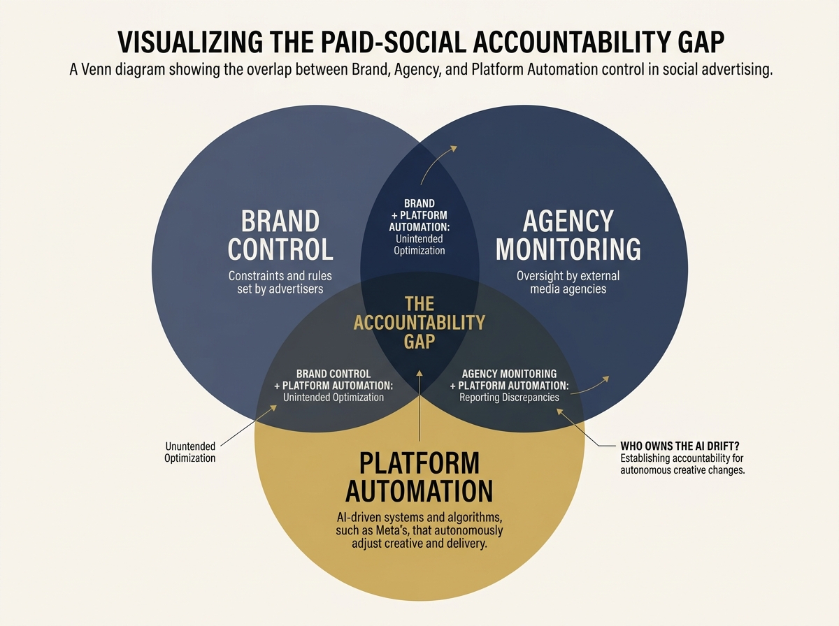 A Venn diagram illustrating the gap in accountability between brands, agencies, and platforms.