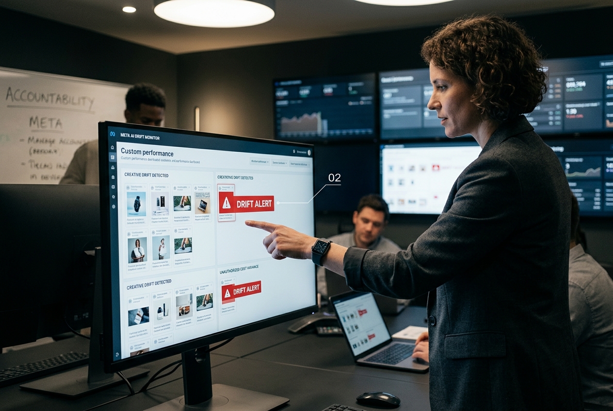 An agency team monitoring an ad dashboard with AI alerts.